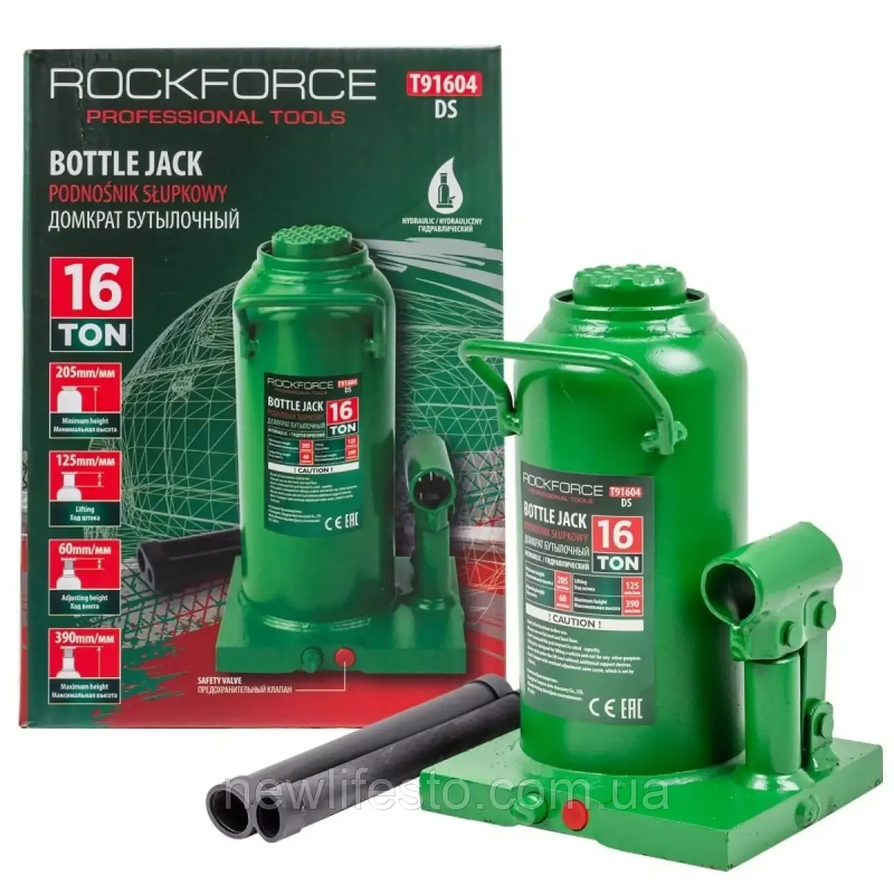 Домкрат пляшковий 16т (205-390мм) із клапаном ROCKFORCE RF-T91604DS