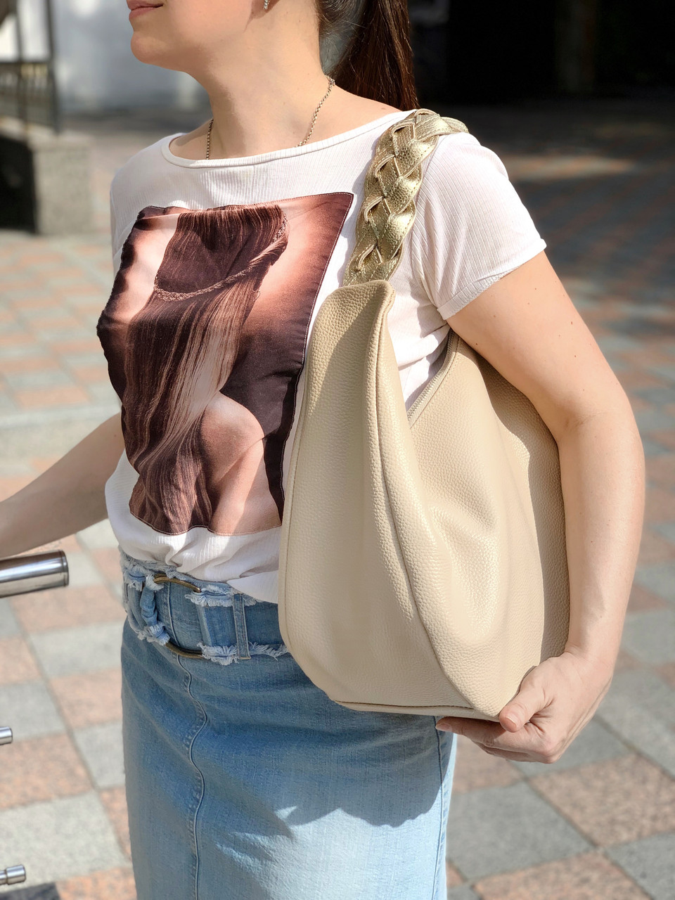 Сумка жіноча "Віола" натуральна шкіра, слонова кістка/золота флотар, фото 1