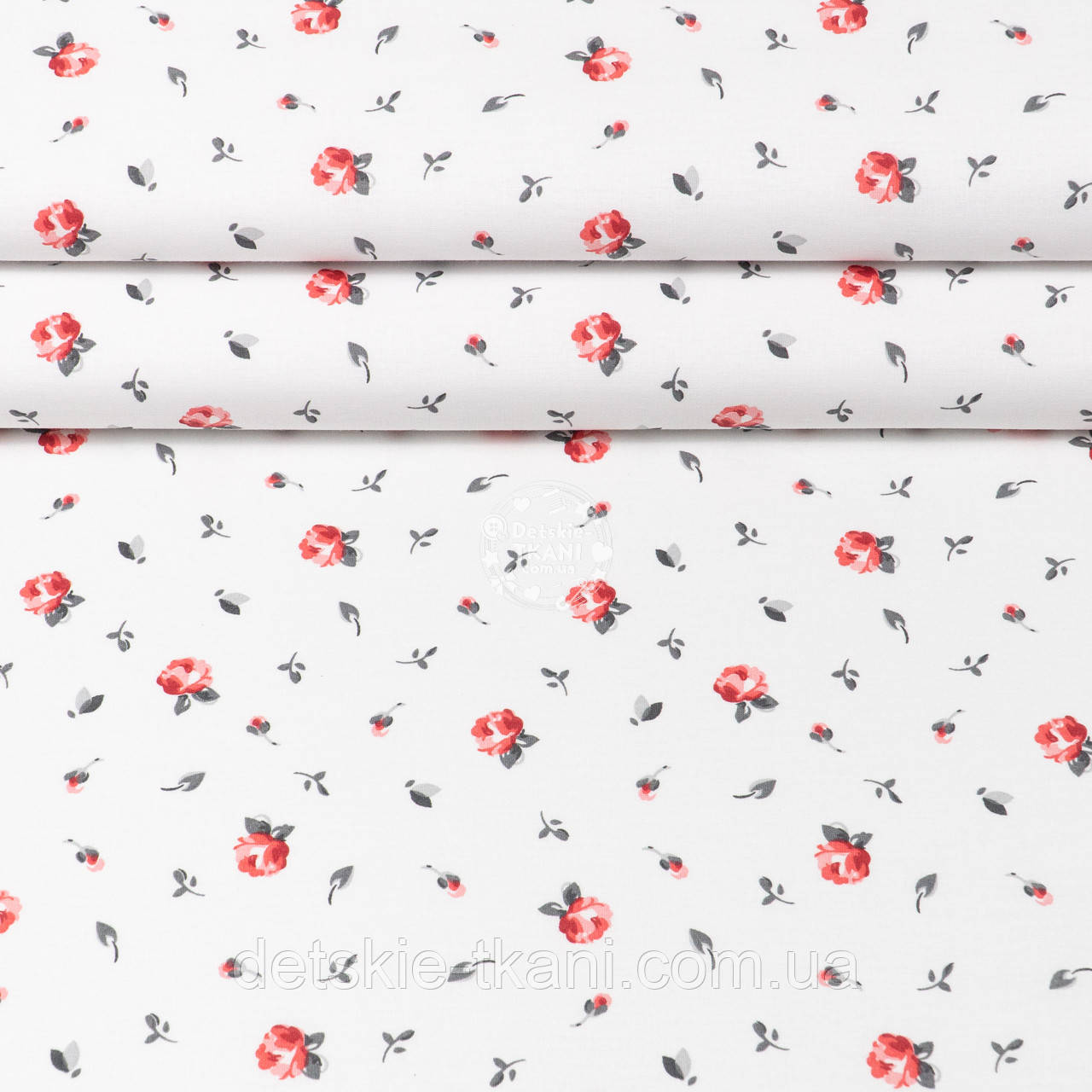 Ранфорс завширшки 240 см "Поодинокі червоні трояндочки на білому тлі", №5624, фото 1