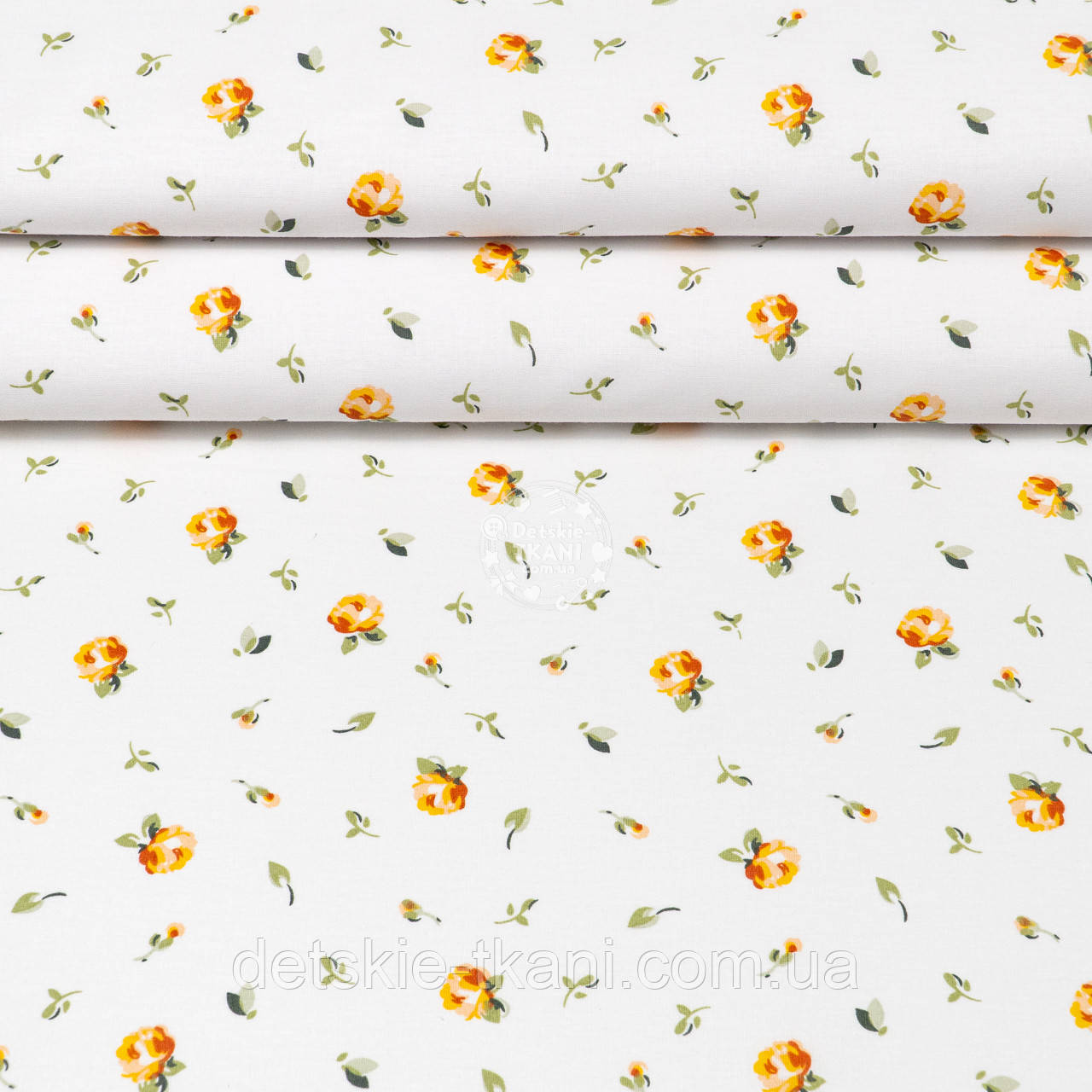 Ранфорс завширшки 240 см "Поодинокі жовті трояндочки на білому тлі", №5630, фото 1