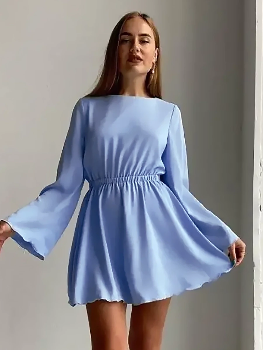 Вільне красиве коктейльне плаття з відкритою спинкою, блакитне, фото 1