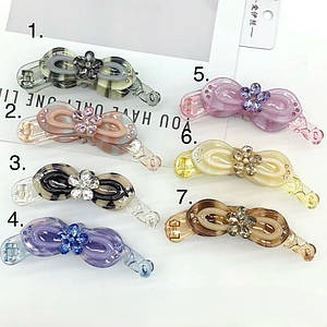 Шпилька банан для волосся елегантна французький пластик квіточок із кристалами розмір 10 см висота 2.5 см 1 шт.