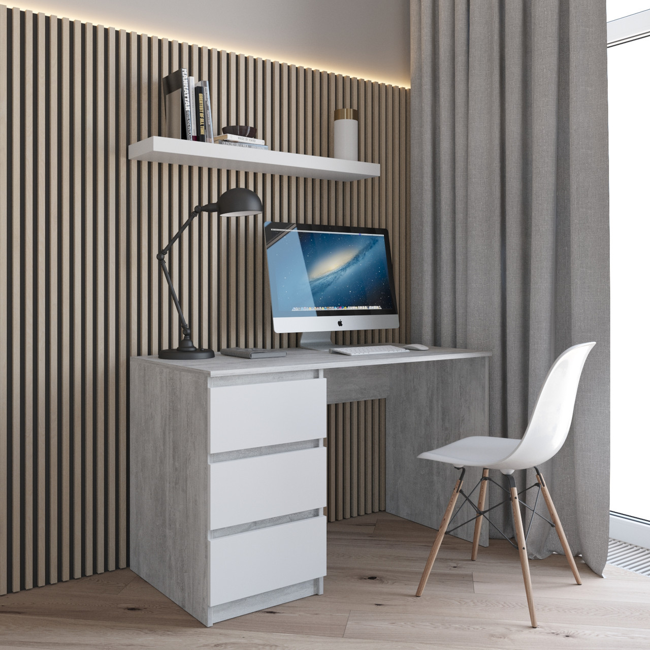 Стіл письмовий тумба ліворуч колір бетон з білим фасадом на 3 шухляди 120*76*60 см, фото 1