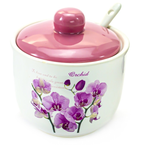 Цукорниця керамічна з ложкою 350мл Орхідея рожева, фото 1