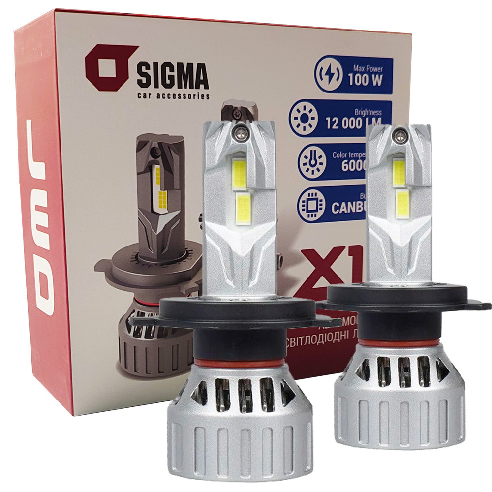 Лампа світлодіодна для фар SIGMA X1 50W LED H4 6000K 12000LM  2 шт комплект, фото 1