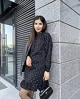 Женское короткое софтовое платье свободного кроя черное в белый горошек длинный рукав на манжете внизу