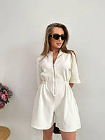 Летний комбинезон ромпер женский на молнии с коротким рукавом и шортами черный молочный бежевый