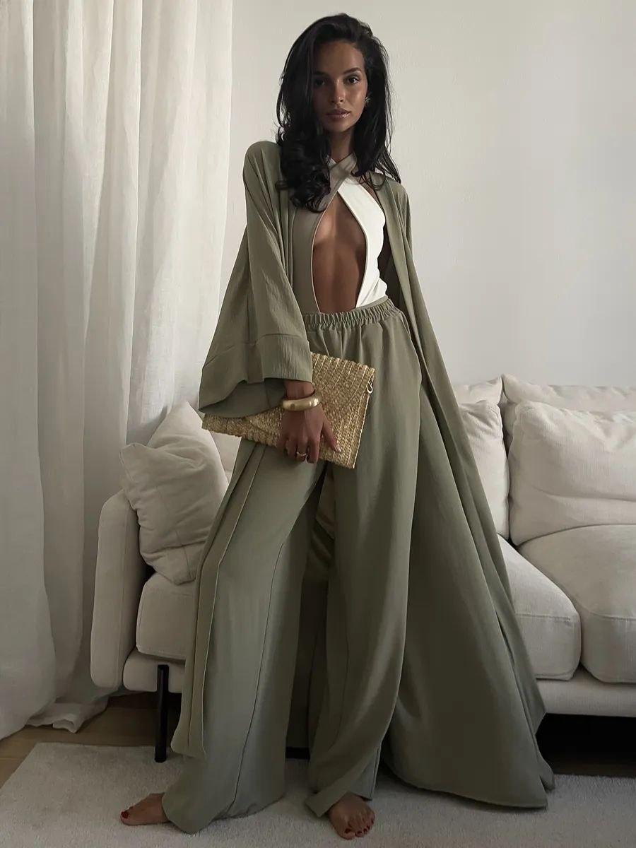 Жіночий костюм штани-палацо та довге кімоно з розкльошеними рукавами (р.42-46) 80KO3852, фото 1