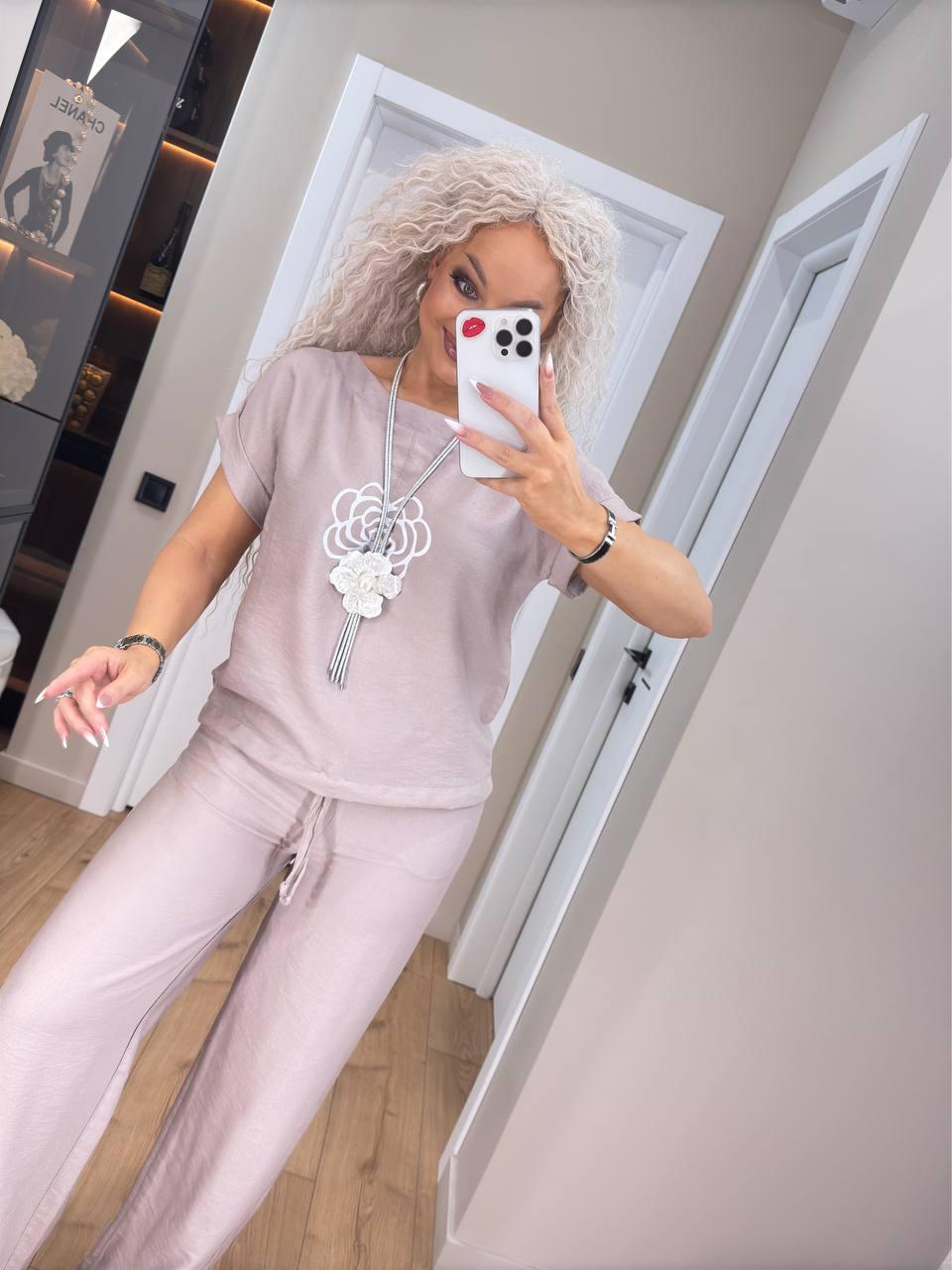 Жіночий літній костюм лляний вільна футболка та прямі штани (р. 42-52) 44KO3855, фото 1