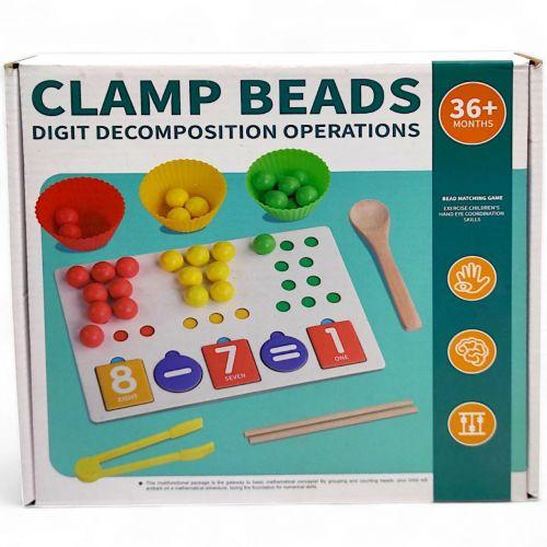 Логічна гра, деревʼяна, 22х15см (дощечка сортувальна, вкладиші-цифри, камінці сортувальні, кошики, щипчики, ложечка, палиці), фото 1