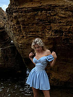 Легкий стильный нежный женский комбинезон-платье с шортами открытый верх короткий рукав фонарик