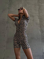 Идеальный прогулочный леопардовый женский полу комбинезон мустанг рубчик с коротким рукавом и шортами