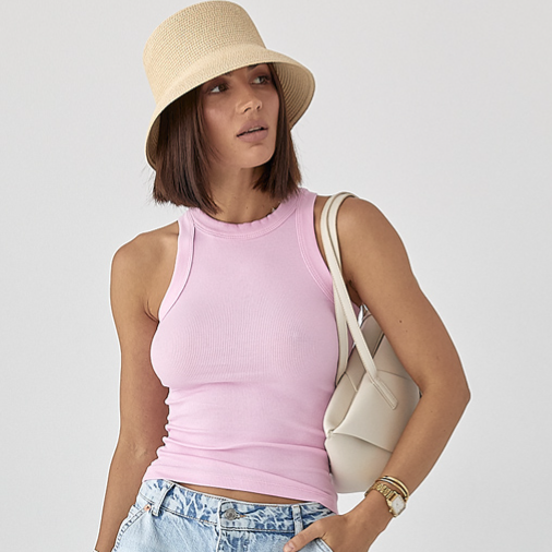 Приталена жіноча майка в рубчик рожева трикотажна розмір М, фото 1