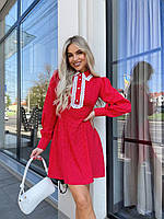 Женское мини платье с воротником и длинным рукавом с кружевом в горошек софт черное красное SM ML