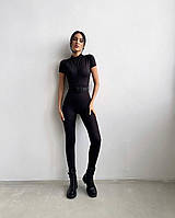 Женский однотонный черный обтягивающий комбинезон на молнии микродайвинг стрейч размер 42-44 44-46 46-48