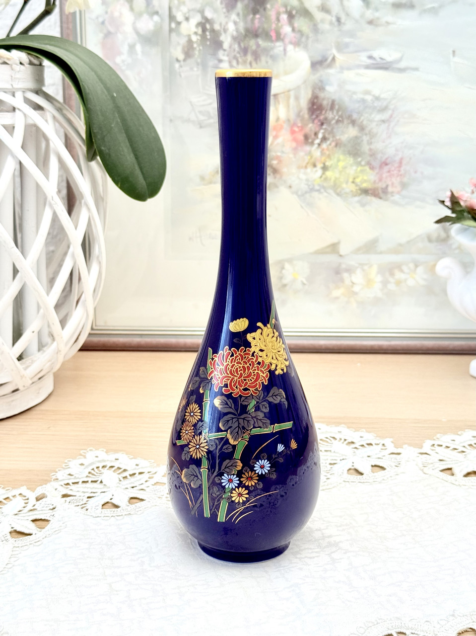 Вінтажна азіатська фарфорова ваза в кобальтовому кольорі з флористичним візерунком, фарфор, кобальт.