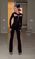 Женский черный облегающий элегантный комбинезон на молнии с вырезами микродайвинг размер 42-46