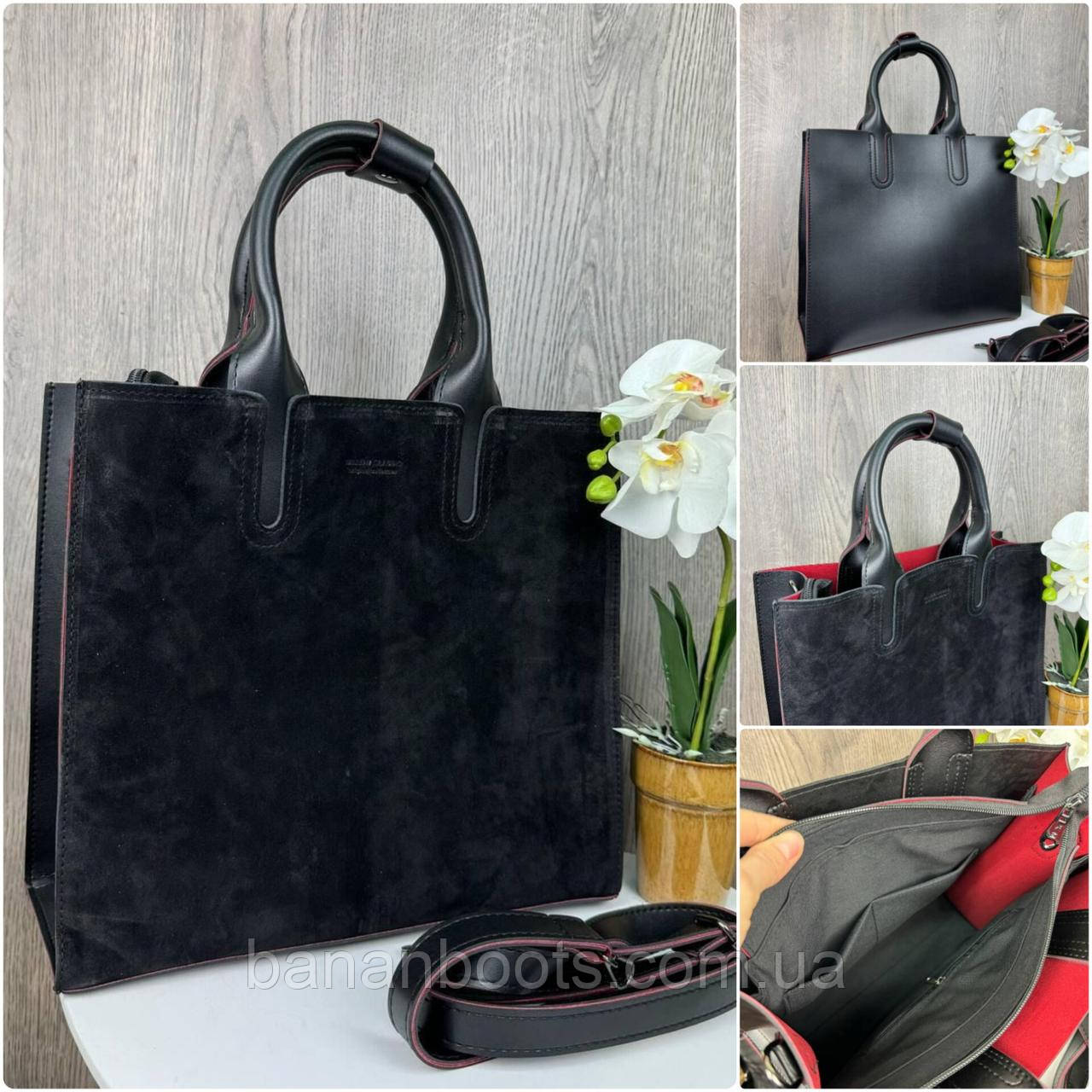 Замшева жіноча велика чорна сумка , жіноча сумочка з натуральної замші та еко шкіри