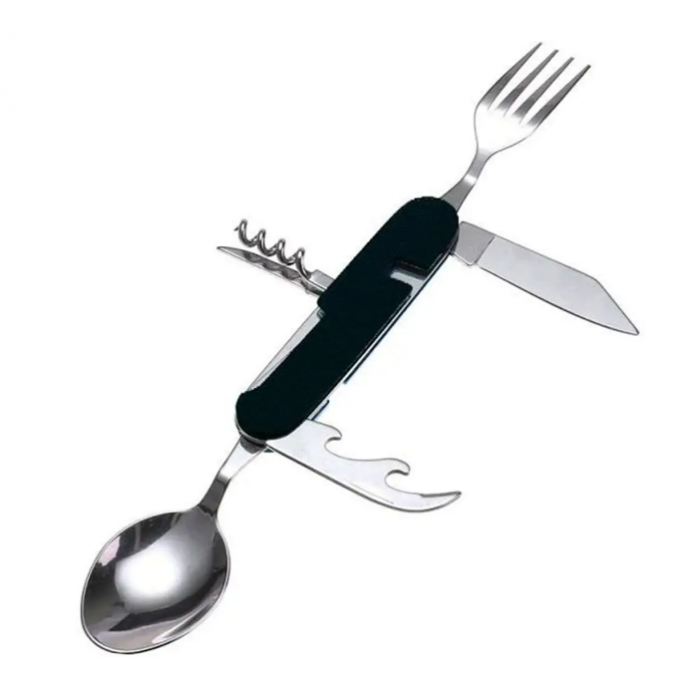 Туристичний набір 5 в 1 (ложка, вилка, ніж, відкривачка та штопор), Чорний/Набір для походу 706ALL, фото 1