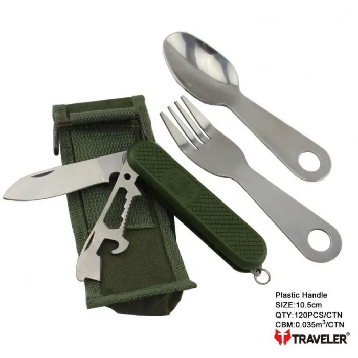 Набір туристичний ніж, виделка, ложка Traveler 10,5 см K-601, фото 1