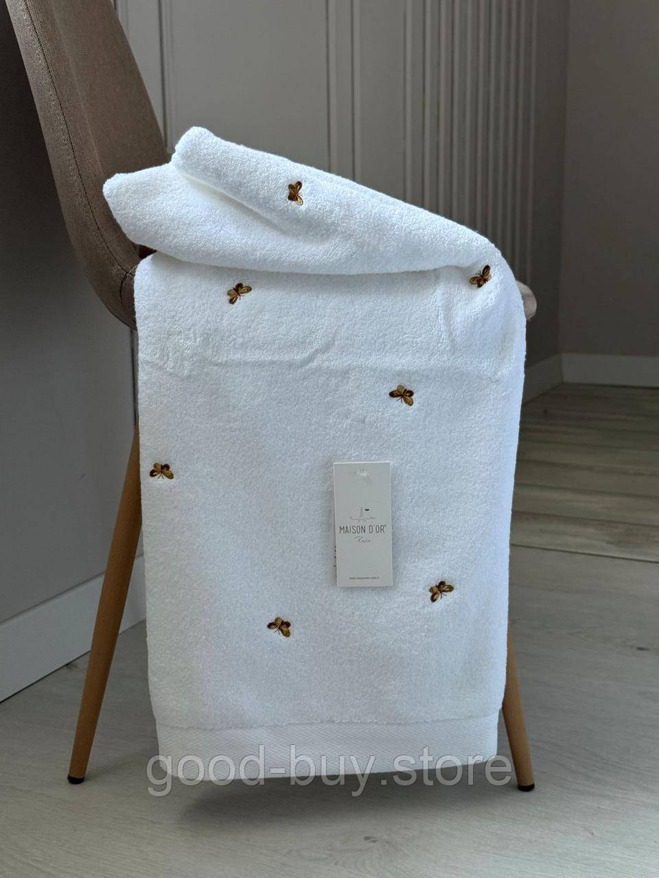 Махровий рушник банний Maison Dor Soft Butterflies white-brown 85х150 бавовна