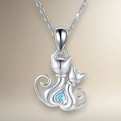 Кулон сріблястий два коти з сердечком і синім фіанітом романтичний 2.2 см IgnisFlos742