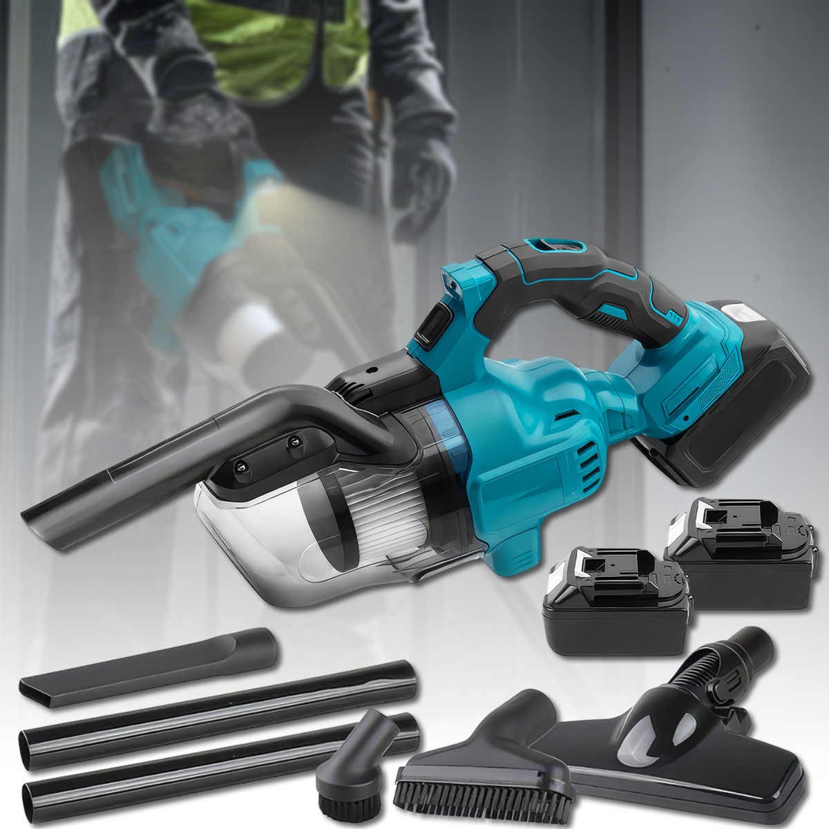 Бездротовий ручний пилосос з 2 акумуляторами 48V 5Ah та різними насадками Синій, фото 1