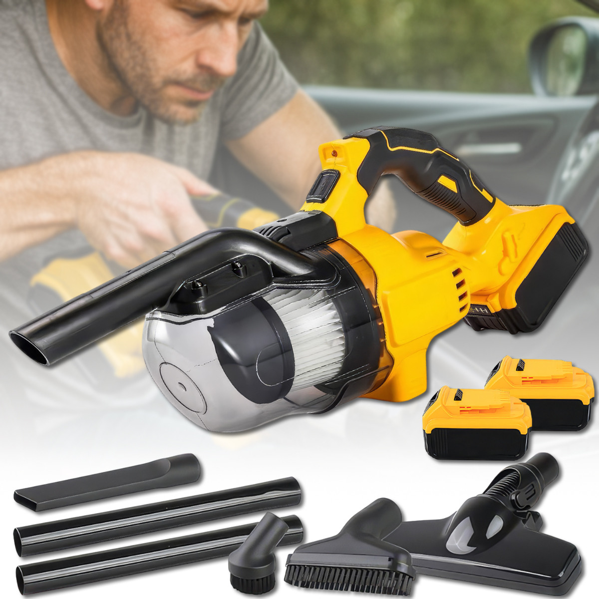 Ручний бездротовий пилосос з 2 акумуляторами 48V 5Ah та різними насадками Жовтий, фото 1