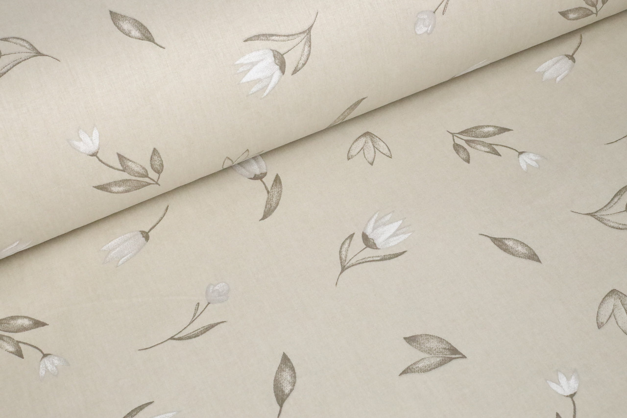 Ранфорс 240 см Тюльпани білі на бежевому