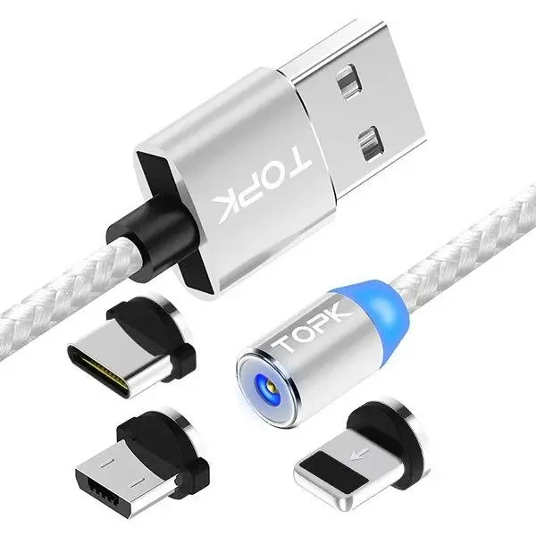 Магнітний кабель з підсвічуванням Topk AM23 2 метри 3в1 microUSB + Type-C + Apple Lightning, фото 1