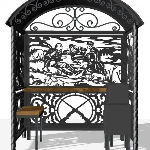 Мангальний комплекс із сталі VESUVI 01 з дахом у кілька рівнів, художньою різкою для зони барбекю, фото 1