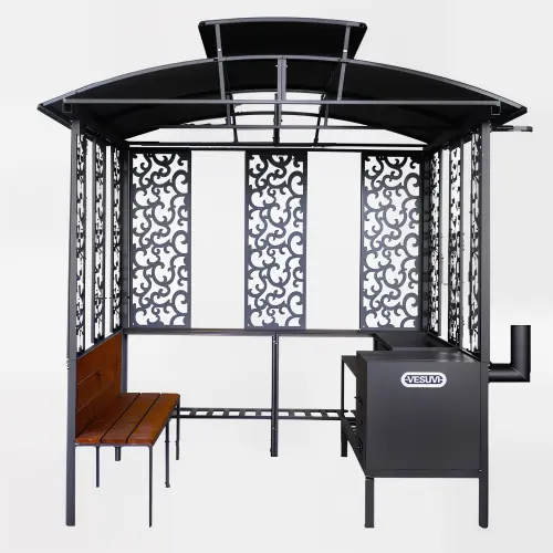 Міцний сталевий мангальний комплекс VESUVI 03 з подвійним дахом, лавкою та барбекю зоною, фото 1