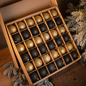 Набір "Блискучий мікс" 36шт Золотисто-Чорний. Іграшки на ялинку, Подарунковий набір ялинкових кульок Кульки на ялинку