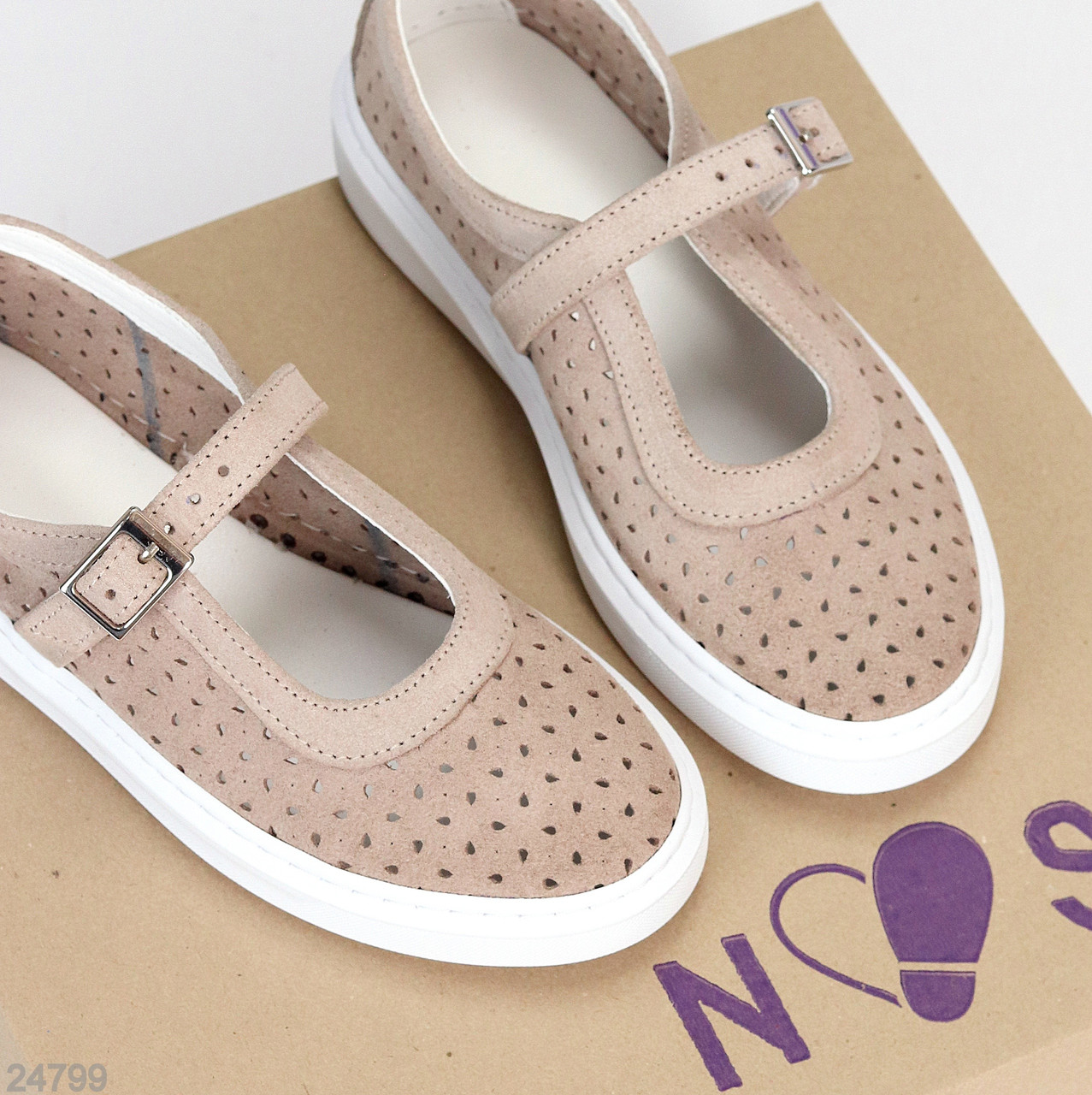 Люксові м'які бежеві прошиті мокасини натуральна замша з перфорацією, фото 1