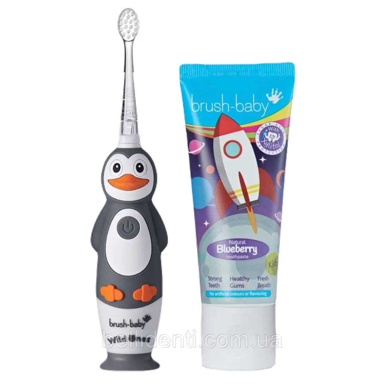Набір від 3 до 10 років (щітка Brush Baby WildOnes Sonic, пінгвін і  паста Brush-Baby 50 мл, ракета)