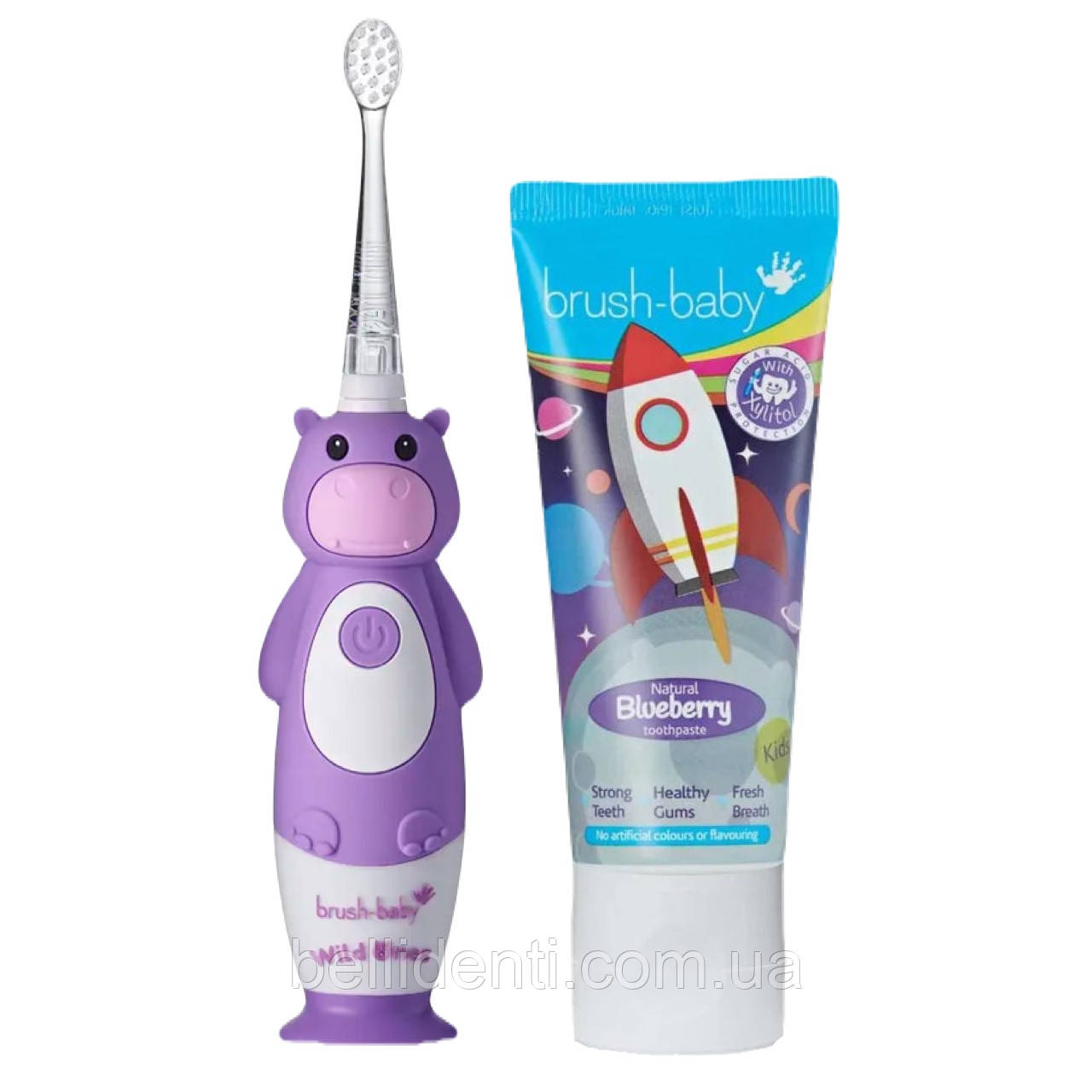 Набір від 3 до 10 років (щітка Brush Baby WildOnes Sonic, бегемот і  паста Brush-Baby 50 мл, ракета)