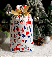 Пакет подарунковий білий з малюнком новорічним з атласною стрічкою 23х14.5х3 см 1 шт для подарунків