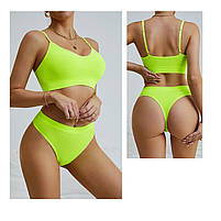 Безшовний комплект жіночої білизни Lesko 6608# Яскравий Лайм M у текстурі косичка труси та топ 5 шт., фото 5