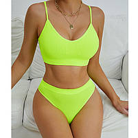 Безшовний комплект жіночої білизни Lesko 6608# Яскравий Лайм L у текстурі косичка труси та топ 5 шт., фото 2