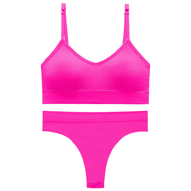 Безшовний комплект жіночої білизни Lesko 6608# Рожевий електрик S у текстурі косичка труси та топ 15 шт., фото 1