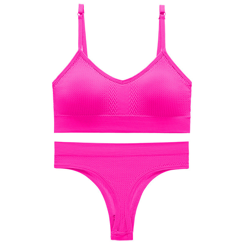 Безшовний комплект жіночої білизни Lesko 6608# Рожевий електрик M у текстурі косичка труси та топ 10 шт., фото 1