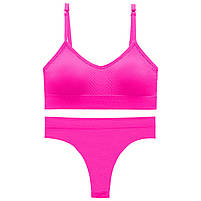 Безшовний комплект жіночої білизни Lesko 6608# Рожевий електрик M у текстурі косичка труси та топ 10 шт., фото 2