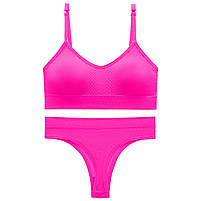 Безшовний комплект жіночої білизни Lesko 6608# Рожевий електрик L у текстурі косичка труси та топ 10 шт., фото 3