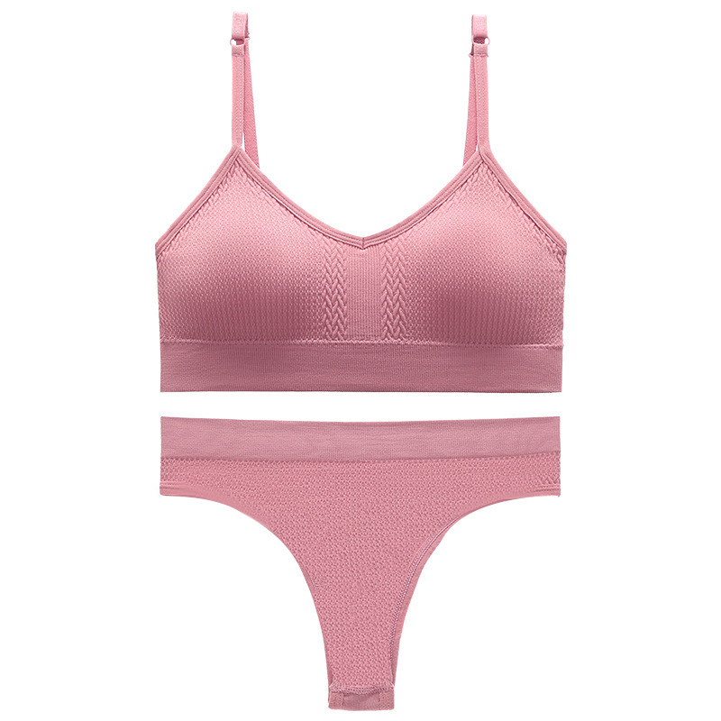 Безшовний комплект жіночої білизни Lesko 6608# Рожевий M у текстурі косичка труси та топ 5 шт., фото 1