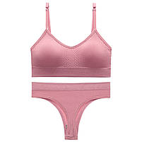 Безшовний комплект жіночої білизни Lesko 6608# Рожевий L у текстурі косичка труси та топ 5 шт., фото 2