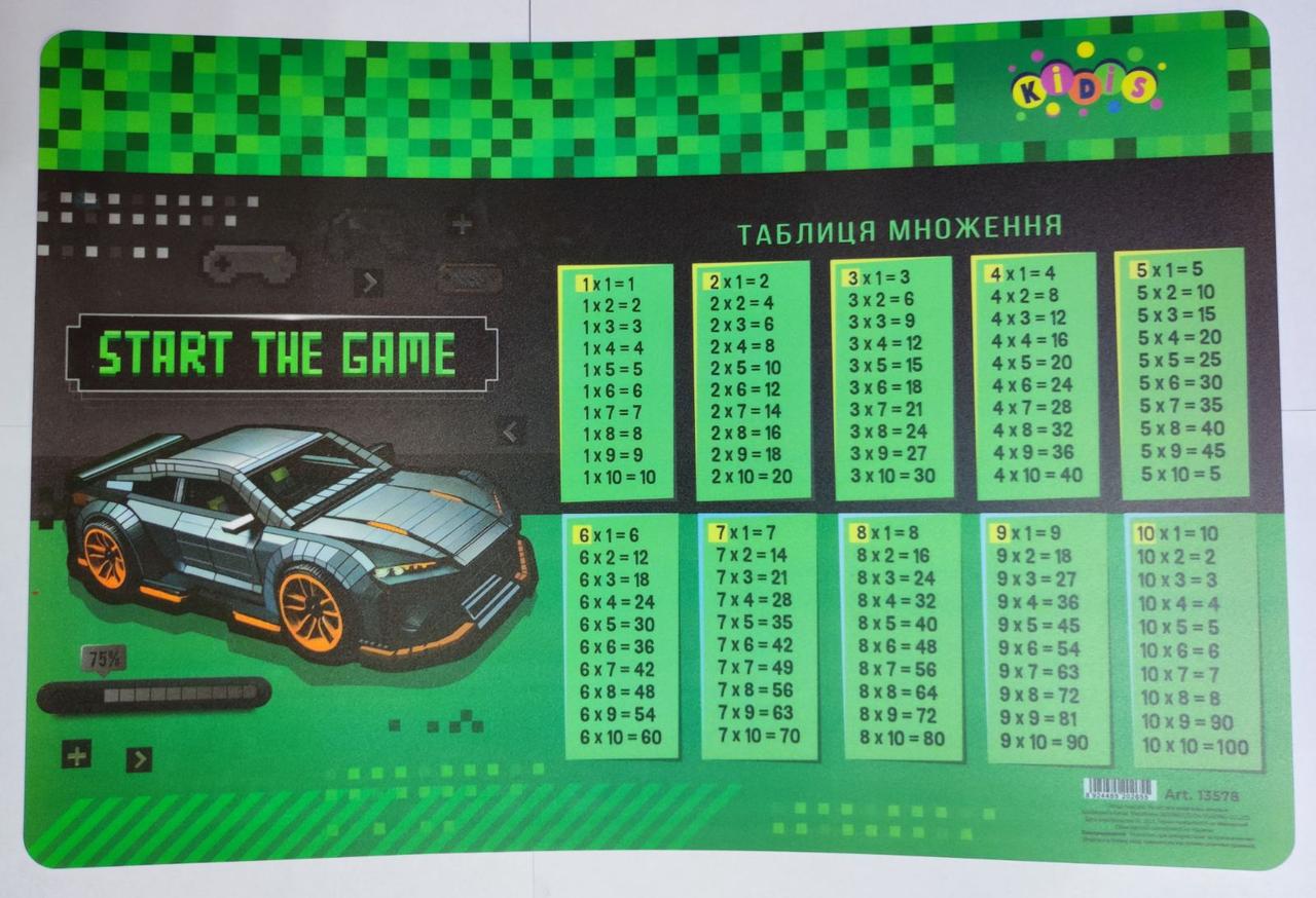 Підкладка настільна 42.5*29см 13578 Kidis Supercar з таблицею множення