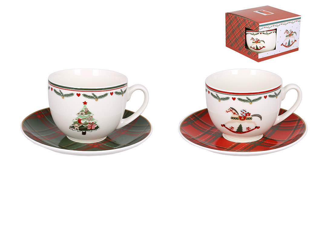 Набір чашка з блюдцем Christmas Story 240 мл, у пакованні 2 рукавиці та 2 люстерці, 2.2дизайну, порцеляна (311-138)