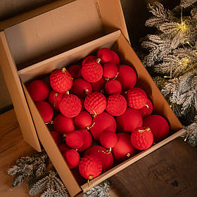 Новорічні ігнрашки набір "Оксамит" 40 шт. Червоний. Подарунковий набір ялинкових кульок Кульки на ялинку