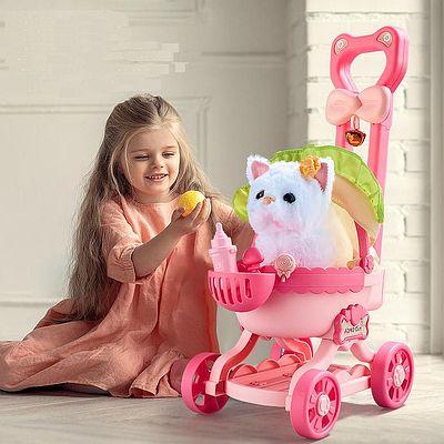 Дитяче інтерактивне кошеня в візочку ходить нявкає м’яка іграшка ігровий набір плюшевий кіт і аксесуари