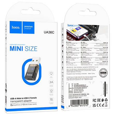 Адаптер Hoco UA36C USB male to Type-C female USB2.0 transparent adapter Black, фото 2